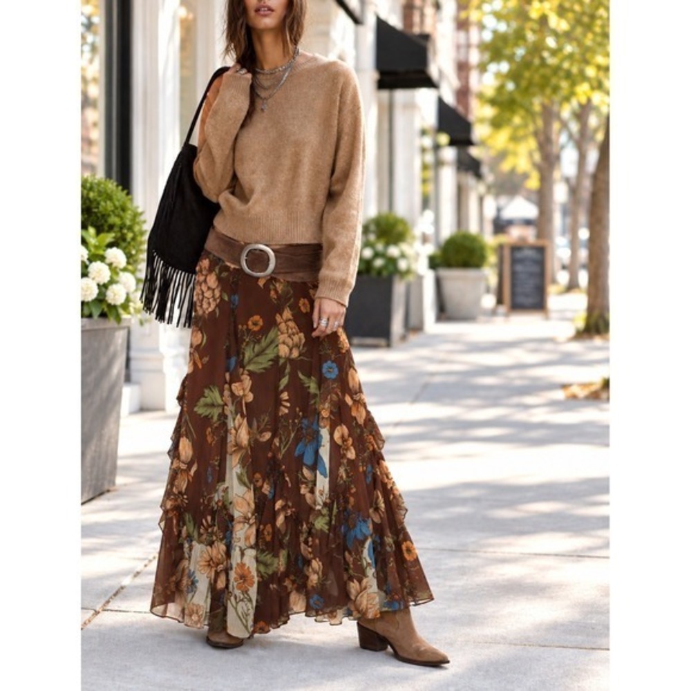 NWT Boho Fairycore Brown Floral Ruffle Tiered Maxi Skirt Festival Renaissance